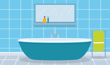 Evdeki Konforlu Temiz Banyo 'da Seramik Duvarlı Küvetin Düz Tasarım Çizimi