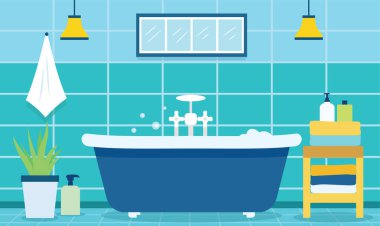 Evdeki Konforlu Temiz Banyo 'da Seramik Duvarlı Küvetin Düz Tasarım Çizimi