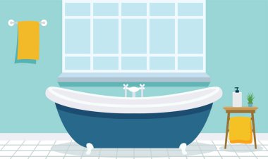 Evde Pencereli Temiz Banyo 'daki Küvetin Düz Tasarım Çizimi