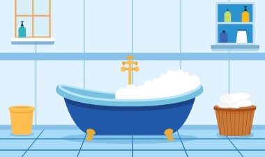 Evdeki Sıcak Temiz Banyo 'da Köpüklü Sabunlu Küvet' in Düz Tasarım Çizimi