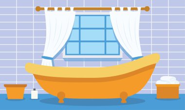 Evdeki Temiz Banyo 'da, Penceresinde Perde olan Küvetin Düz Tasarım Çizimi