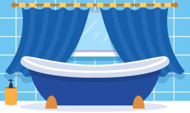 Evdeki Temiz Banyo 'da, Penceresinde Perde olan Küvetin Düz Tasarım Çizimi