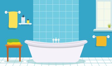 Evdeki Konforlu Temiz Banyo 'da Seramik Duvarlı Küvetin Düz Tasarım Çizimi