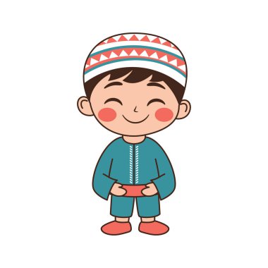 Geleneksel İslami Giysiler Giyen Mutlu Müslüman Çocuk Çizgi Filmi Karakteri