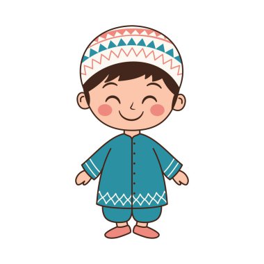 Geleneksel İslami Giysiler Giyen Mutlu Müslüman Çocuk Çizgi Filmi Karakteri