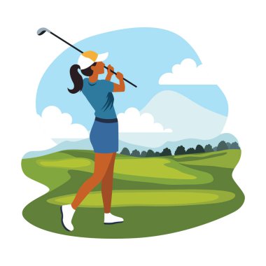 Kadın Golfçü Oyuncu Karakteri Parlak Gökyüzünde Sahada Golf Oynuyor