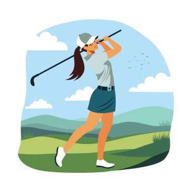 Kadın Golfçü Oyuncu Karakteri Parlak Gökyüzünde Sahada Golf Oynuyor