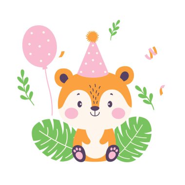 Mutlu Şirin Tilki Hayvan Çizgi Filmi Karakteri Konfeti ile Konfeti 'nin Doğum Günü Partisini Kutluyor