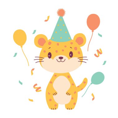 Mutlu Sevimli Leopar Hayvan Çizgi Filmi Karakteri Şapka Giyip Doğum Günü Partisini Kutluyor