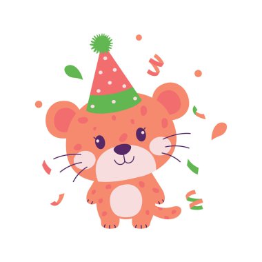 Mutlu Sevimli Leopar Hayvan Çizgi Filmi Karakteri Şapka Giyip Doğum Günü Partisini Kutluyor