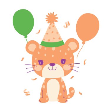 Mutlu Sevimli Leopar Hayvan Çizgi Filmi Karakteri Şapka Giyip Doğum Günü Partisini Kutluyor