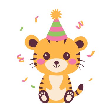 Mutlu şirin kaplan hayvan çizgi film karakteri konfeti ile doğum günü partisini kutluyor.