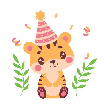 Mutlu şirin kaplan hayvan çizgi film karakteri konfeti ile doğum günü partisini kutluyor.