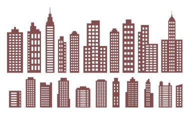 Şehir merkezindeki Kahverengi Siluet Gökdelen Kule Seti