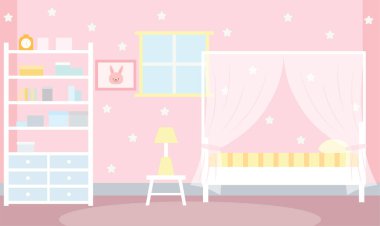 Şirin Pembe Yatak Odasının Düz Tasarım Çizimi Küçük Kız için Kız Dekorasyonu