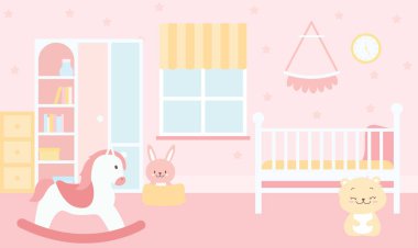 Şirin Pembe Yatak Odasının Düz Tasarım Çizimi Küçük Kız için Kız Dekorasyonu