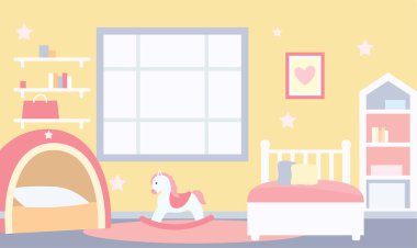Şirin Pembe Yatak Odasının Düz Tasarım Çizimi Küçük Kız için Kız Dekorasyonu