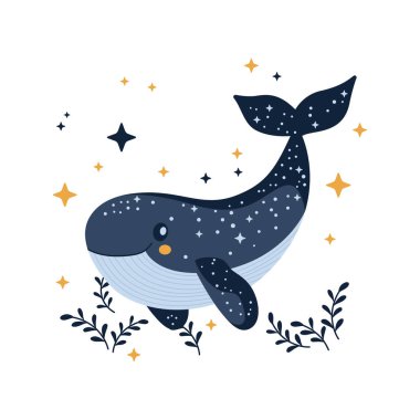 Büyük Mavi Balina Köpekbalığı Hayvan Çizgi Filmi Karakteri Çiçek Madalyası ile Yüzüyor