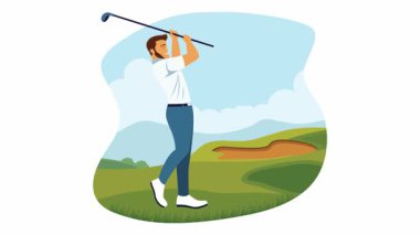 Parlak Gökyüzünde Golf Sahasında Golf Sopası Sallayan Adam Golfçü Karakteri