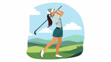 Kadın Golfçü Sporcu Karakteri 'nin Parlak Gökteki Sahada Sallanan Golf Sopası Görüntüsü
