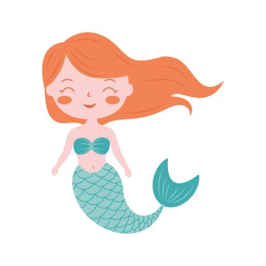 Sevimli Küçük Kız Denizkızı Çizgi Film Karakteri Mutlu İfadesiyle Denizde