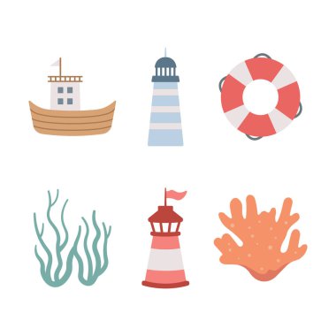 Deniz Okyanusu Sahil Elementleri Gemi Feneri Kulesi Lifebuoy Mercan Resifi