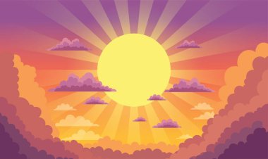 Gün batımında Güzel Görkemli Gökyüzü 'nde Bulutlu Büyük Güneş Işığı