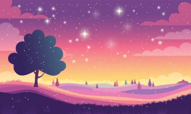 Hills Doğa Manzarası 'ndaki Ağaç Gece Parlayan Yıldızlarla Görkemli Gökyüzü Panoramik