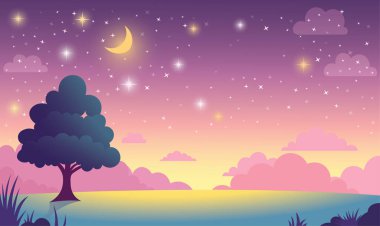 Doğada Ağaç ve Muhteşem Gökyüzü Panoramik Gece Hilal Ay ile