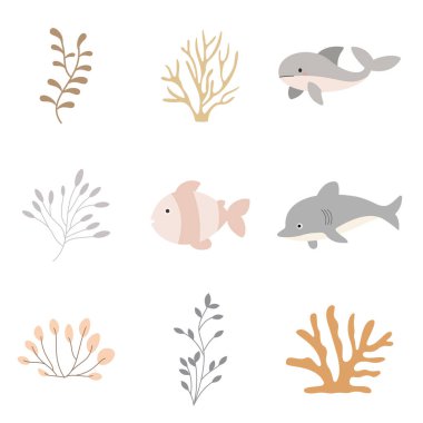 Deniz Okyanusu Sahili Deniz Yaşamı Elementleri Yunus Köpekbalığı Balina Balıkları Mercan Kayalıkları Bitki Yaprakları