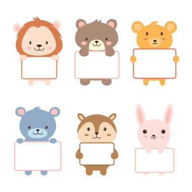 Mutlu Sevimli Aslan Ayı Sincap Tavşan Hayvan Çizgi Filmi Karakteri Boş Beyaz Tahta Tutuyor