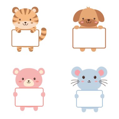 Mutlu Şirin Kaplan Köpek Fare Fare Hayvan Çizgi Filmi Karakteri Boş Beyaz Tahta Tutuyor