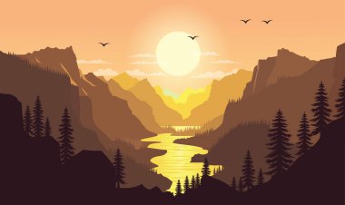 Sunset Sunrise 'da Kanyon ve Güneşli Güzel Dağlar Nehir Doğa Manzarası