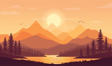 Gün batımında Nehir Manzaralı ve Güneşli Huzurlu Dağlar Doğa Manzarası