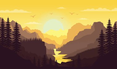 Sunset Sunrise 'da Kanyon ve Güneşli Güzel Dağlar Nehir Doğa Manzarası