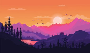 Gün batımında Nehir Manzaralı ve Güneşli Huzurlu Dağlar Doğa Manzarası