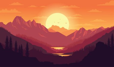 Sunset Sunrise 'da Kanyon ve Güneşli Güzel Dağlar Nehir Doğa Manzarası