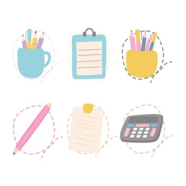 Ofis Okulu Kağıt Kalem Kağıt Not Defteri Çizgileri ile Pastel Ögeleri Kümesi