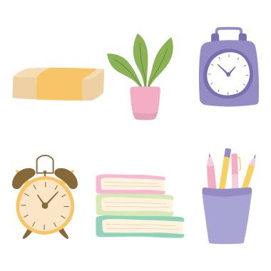 Ofis Elementleri İş Saati Saatleri Yumuşak Pastel Renkli Kalem Bitkisi