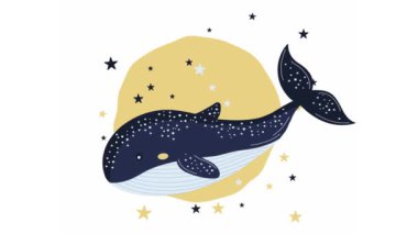 Büyük Mavi Balina Köpek Balığı Çizgi Film Karakteri Yıldızlarla Yüzüyor