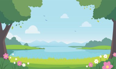 Park Garden 'daki Lake River Dağı Doğa Manzarası Yazın Çiçek Ağacı ile