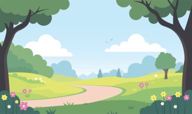 Parkın Bahçesi Yolu Yazın Çiçek Ağacı ile Doğa Manzarası