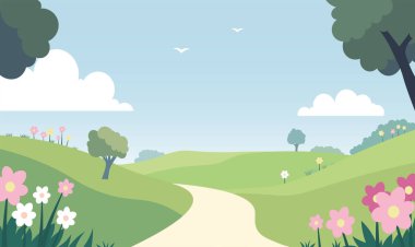 Parkın Bahçesi Yolu Yazın Çiçek Ağacı ile Doğa Manzarası