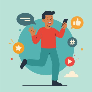 Sosyal Medya Dijital Dünyasında Mutlu İnsan Çizgi Filmi Karakteri Tutucu Gadget