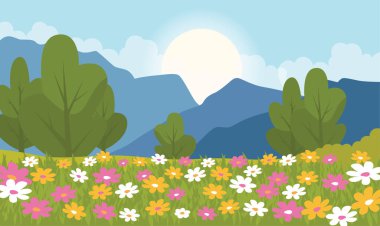 Güzel Yaz Baharı Doğa Manzarası Dağ Manzarası ve Gün Doğumu Çiçekleri