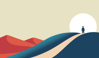 İnsan İnsanlarının Silueti Kum tepesinde Güneş 'le Gökyüzünde Yanlızlık Duruyor