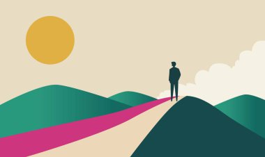 İnsan İnsanlarının Silueti Kum tepesinde Güneş 'le Gökyüzünde Yanlızlık Duruyor