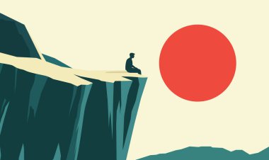 İnsan Halkı Silueti Kayalıklarda Tek Başına Oturuyor Doğanın tepesinde Güneşin batışında Büyük Güneş 'le