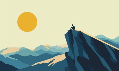 Man People Silhouette Rocky Cliff Top Doğa Manzarası 'nda Sabah Güneşiyle Oturuyor