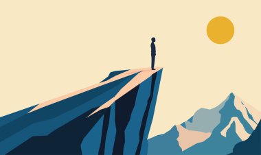 Man Silhouette Rocky Cliff Top Manzarasında Sabah Güneşiyle Başarı Sembolü Olarak Duruyor